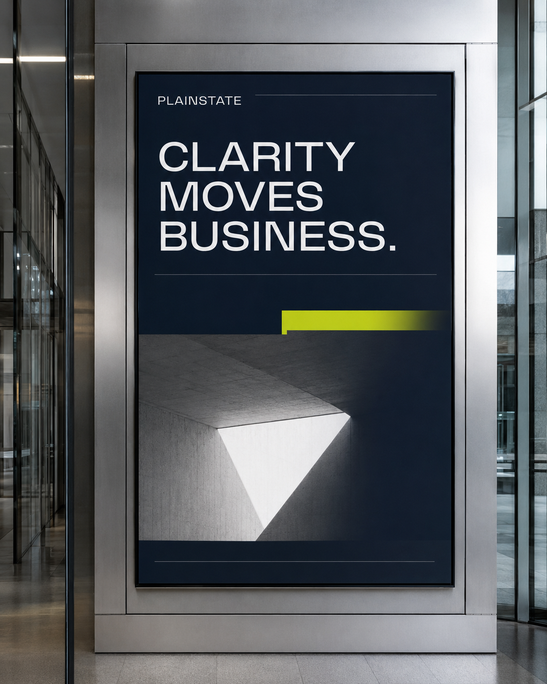 Modern poster with text 'CLARITY MOVES BUSINESS' and geometric light shapes in a building lobby.