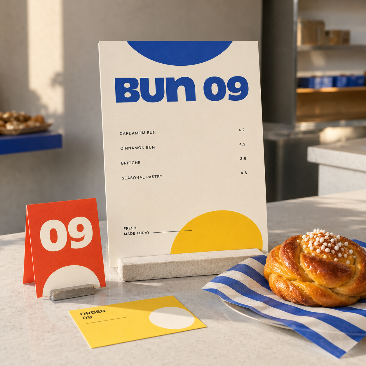 Cardamom bun display with menu, order card, and pastry on striped blue and white paper.