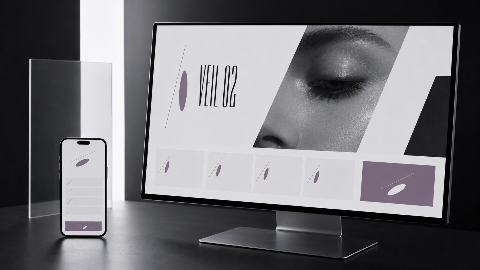 Desktop and phone displaying a sleek design with a close-up of a woman's eye and text 'VEIL 02'.