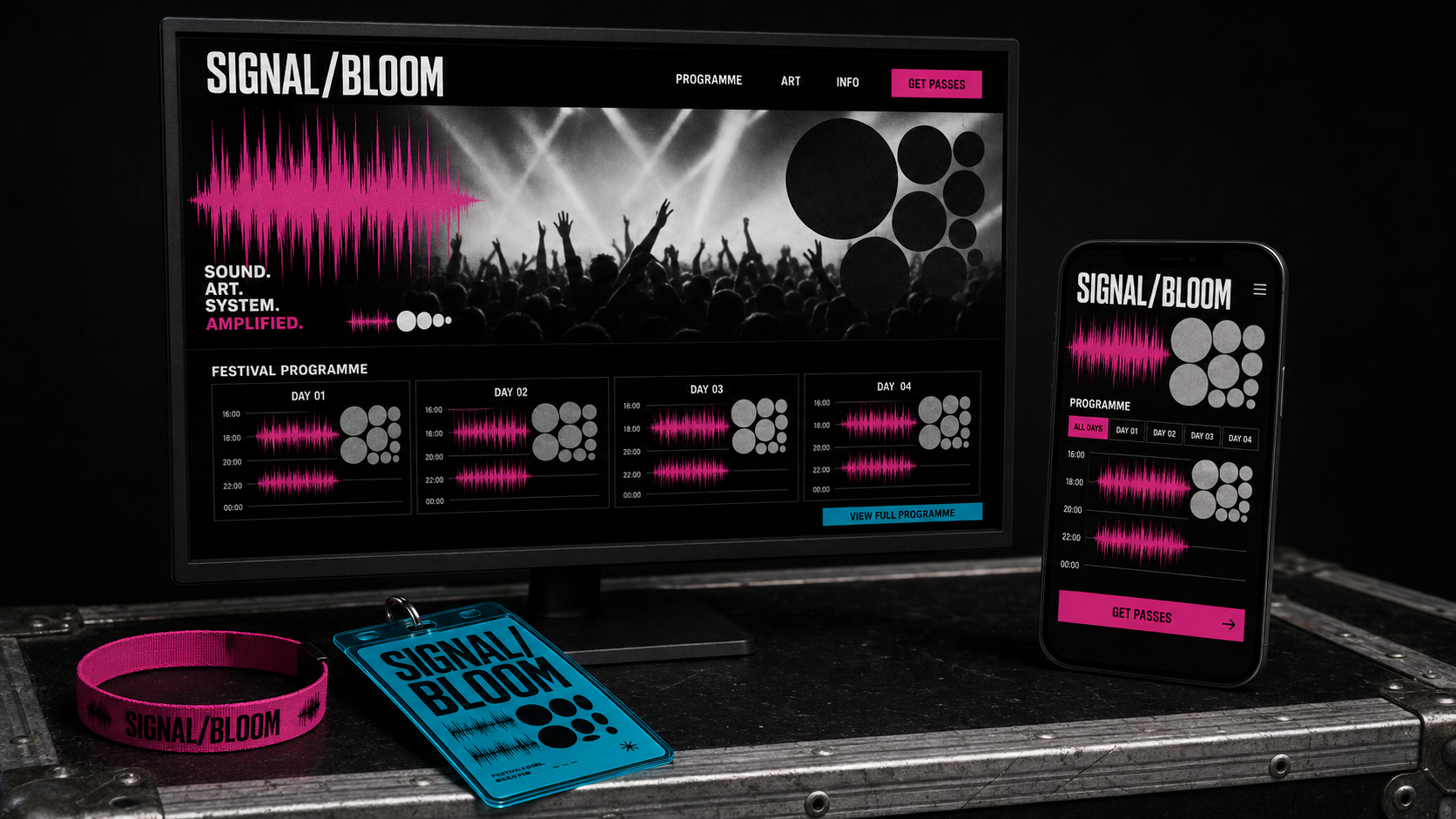 Festival program displayed on monitor and phone with Signal/Bloom wristband and pass on table.