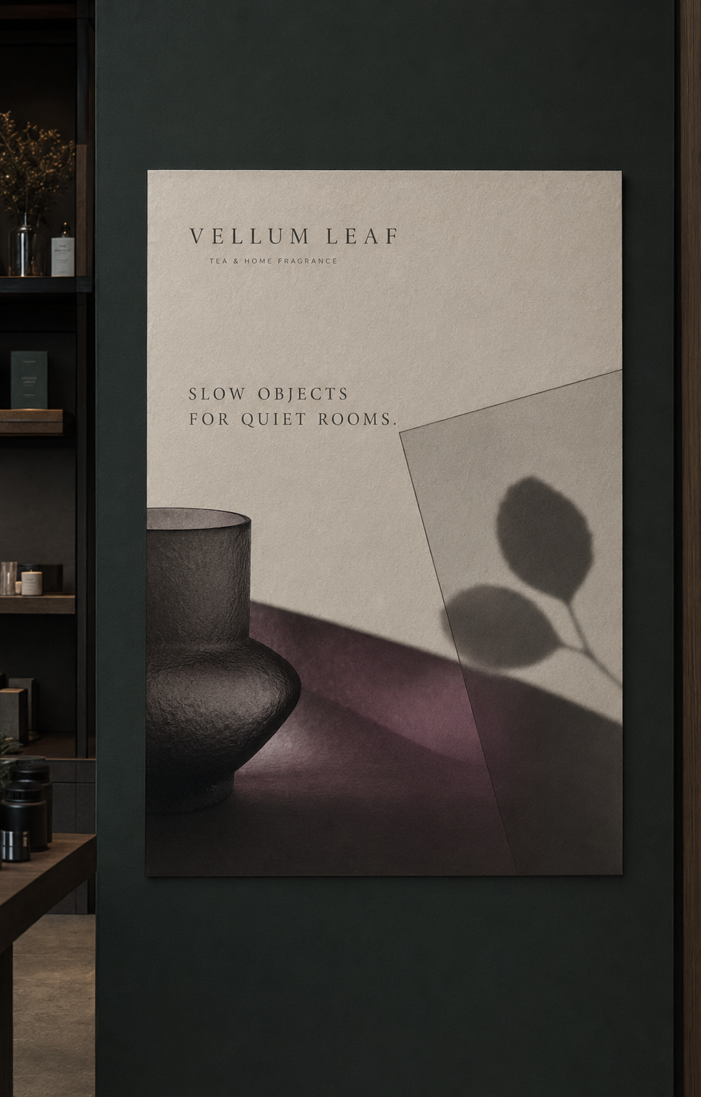 Poster on dark wall shows a textured vase, leaf shadow, and text: Vellum Leaf, tea & home fragrance.