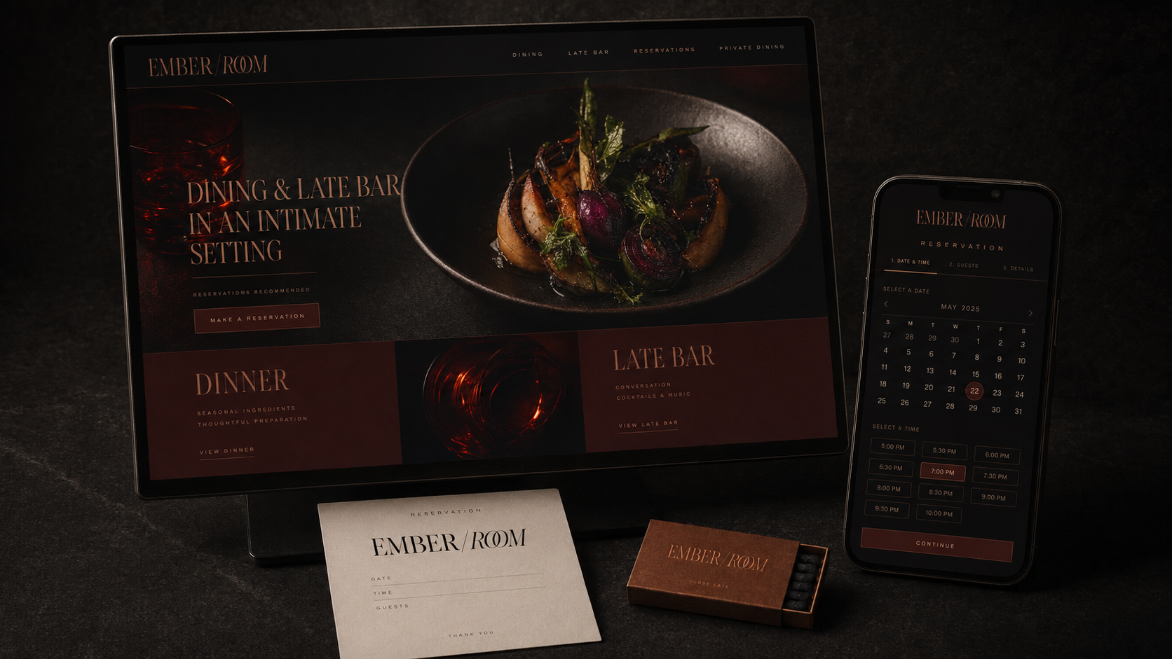 Ember Room dining website on monitor, reservation app on phone, paper reservation form, and matchbox.