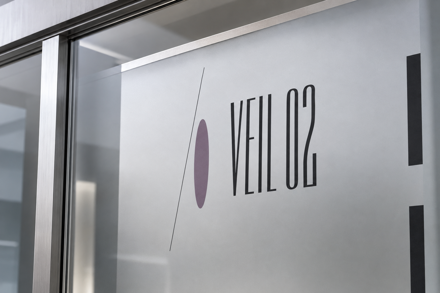 Frosted glass door with the text 'VEIL 02' and a purple oval graphic next to it.