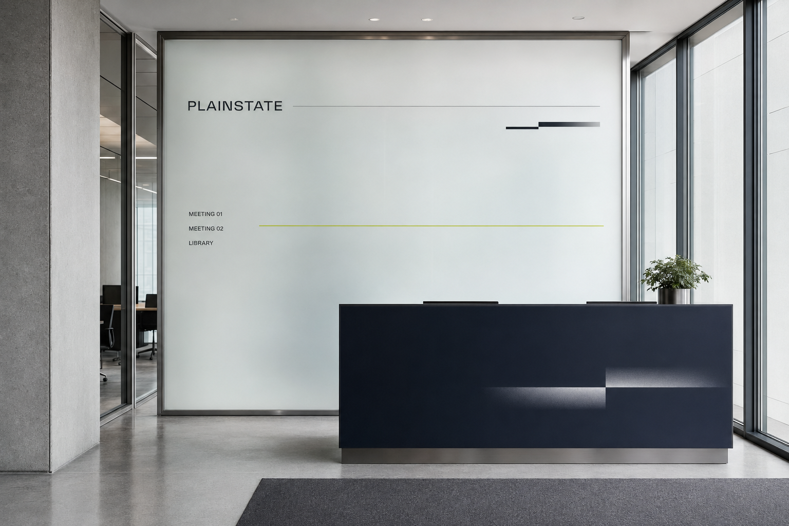 Modern reception desk in front of a white wall with room labels: Meeting 01, Meeting 02, Library.