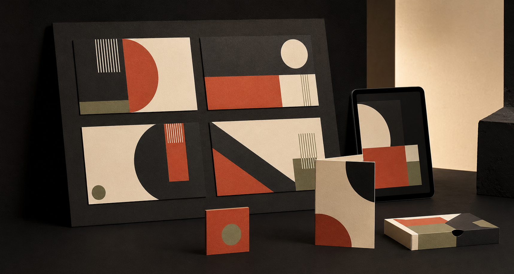 Geometric abstract art prints and packaging using black, red, beige, and olive green shapes on dark background.