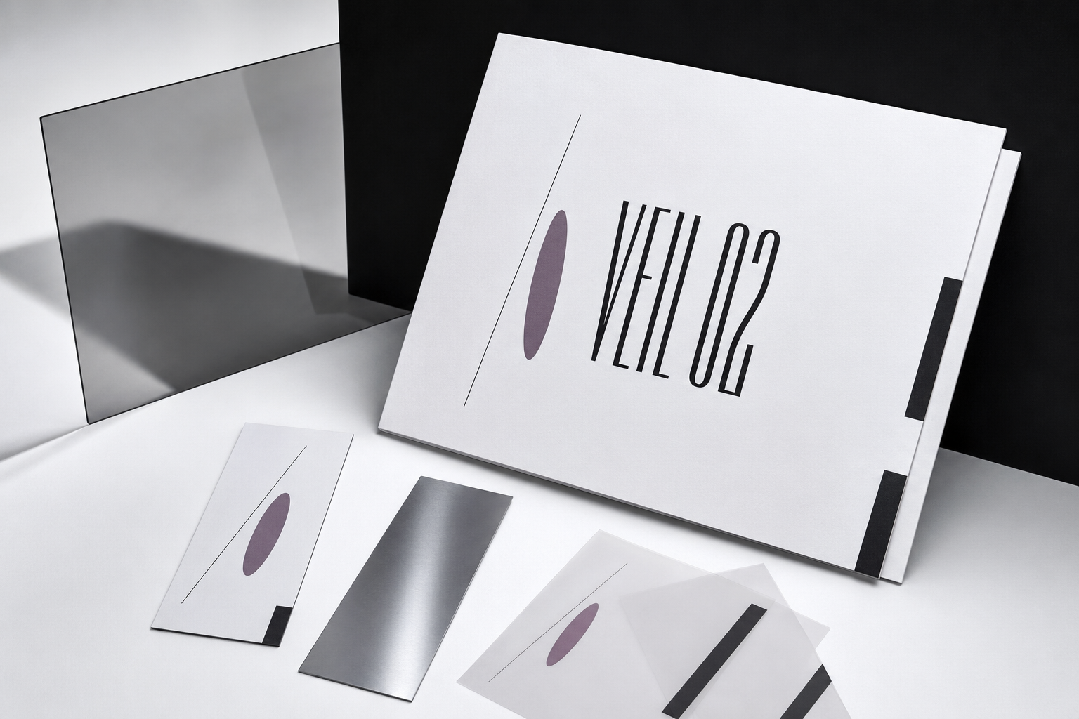 Modern minimalistic business set with cards and folder labeled VEIL 02 on white and black background.