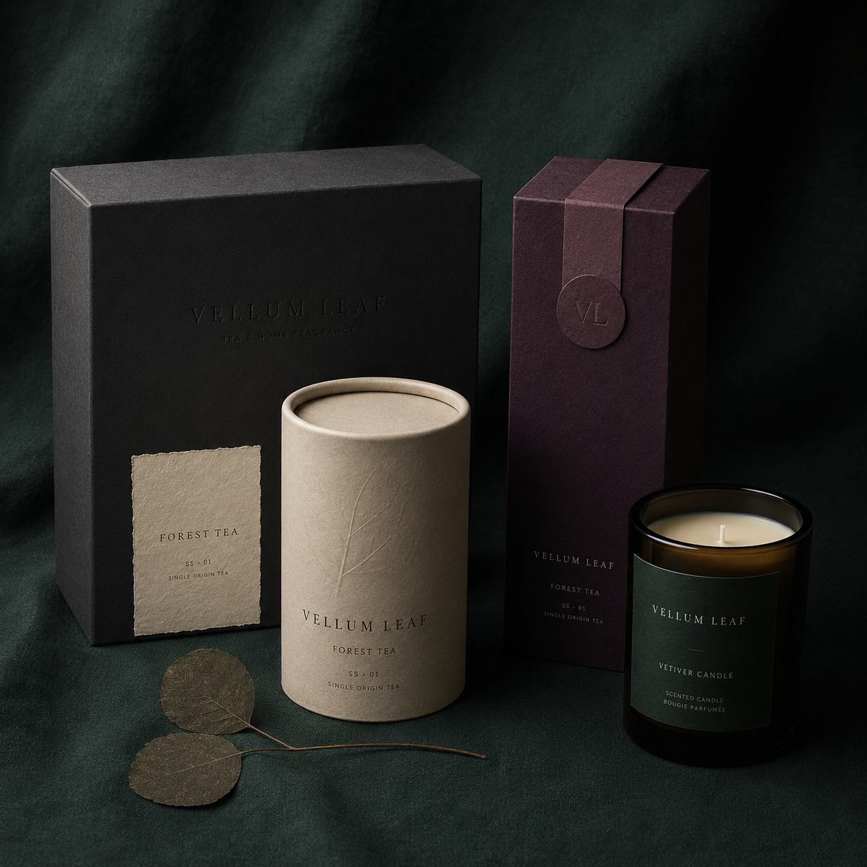Vellum Leaf Forest Tea packaging with a beige container, dark boxes, a scented candle, and dried leaves on fabric.