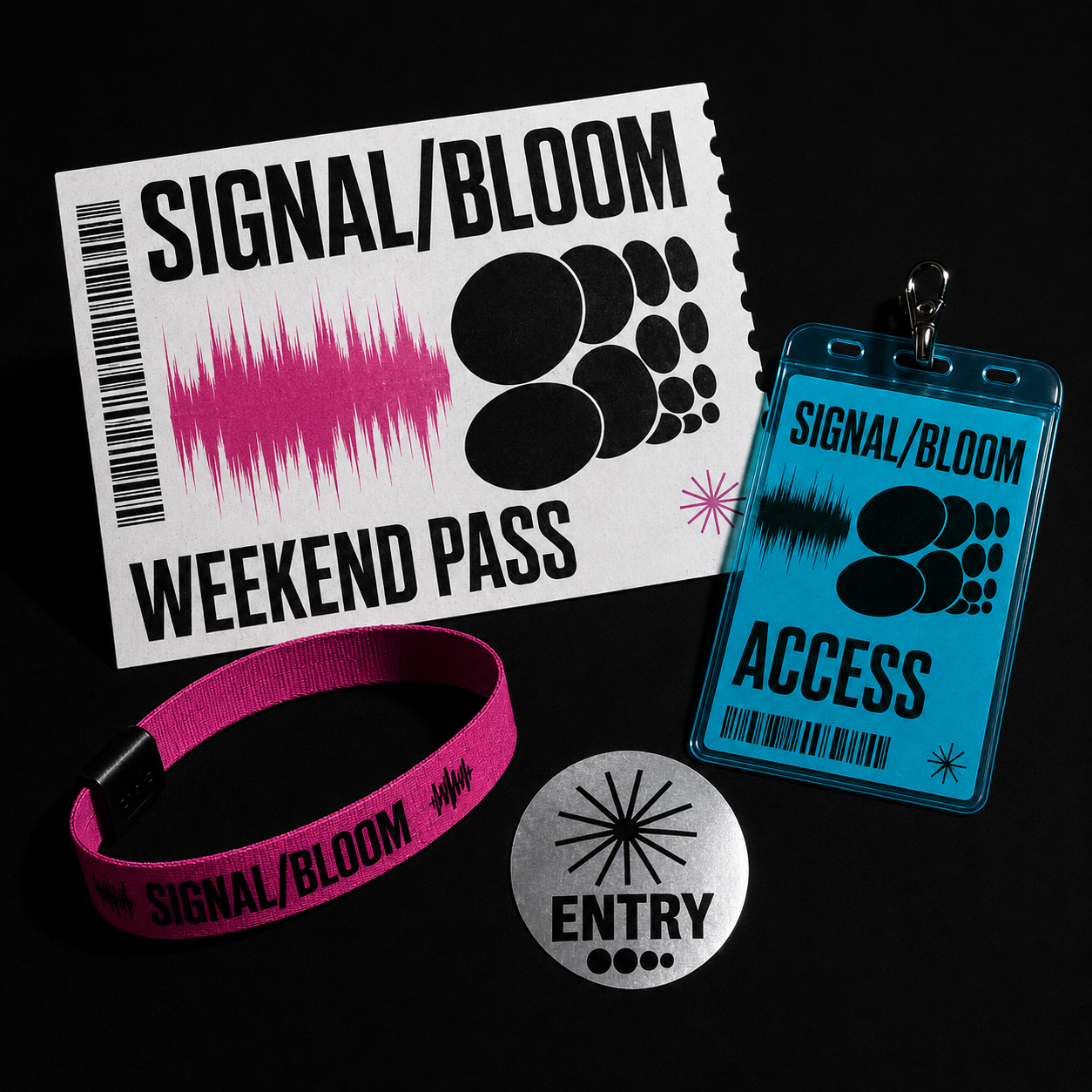 Signal/Bloom weekend pass ticket, pink wristband, blue access badge, and silver entry token on black.