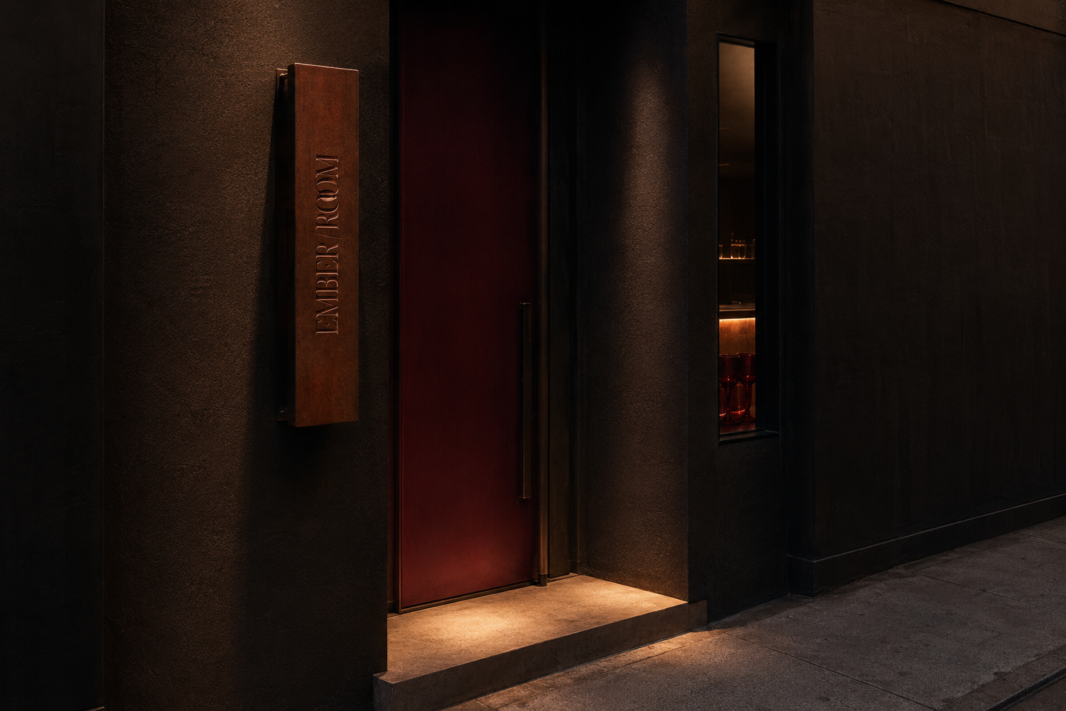 Dimly lit entrance with a red door and a rust-colored sign reading 'EMBER ROOM'.
