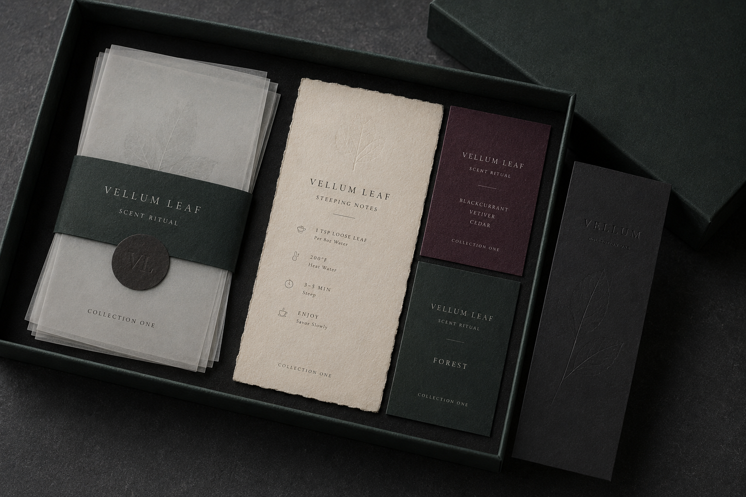 Vellum Leaf scent ritual set with translucent envelopes, instruction card, and scent cards in dark box.