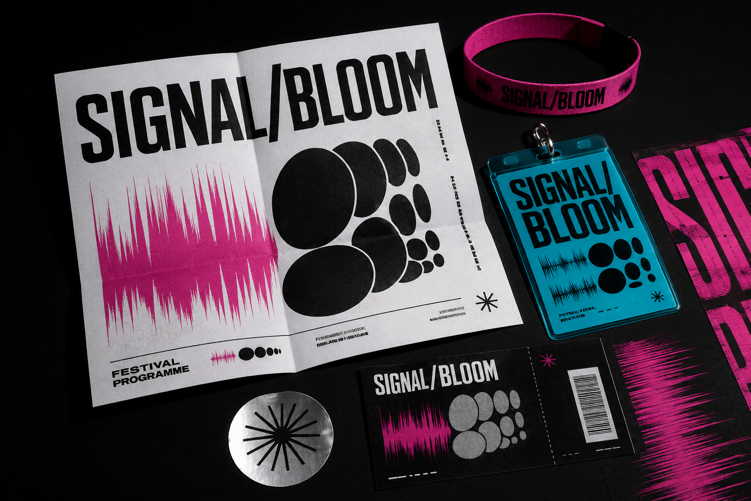 Festival items including a program, wristband, badge, and ticket all branded with SIGNAL/BLOOM text and sound wave graphics.