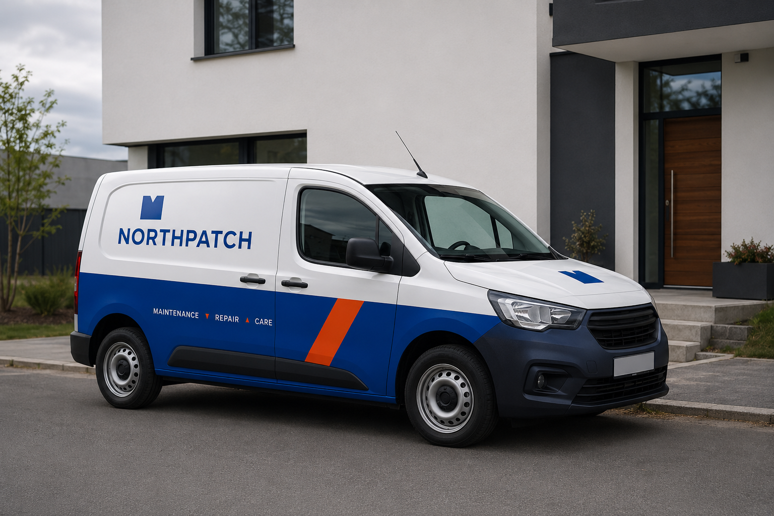 White and blue Northpatch service van parked on a residential street beside a modern house.