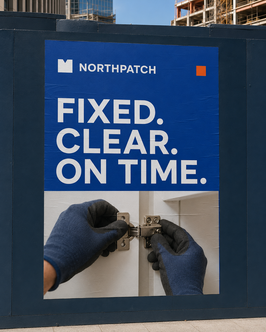 Poster with text 'Fixed. Clear. On Time.' and hands in gloves fixing a cabinet hinge