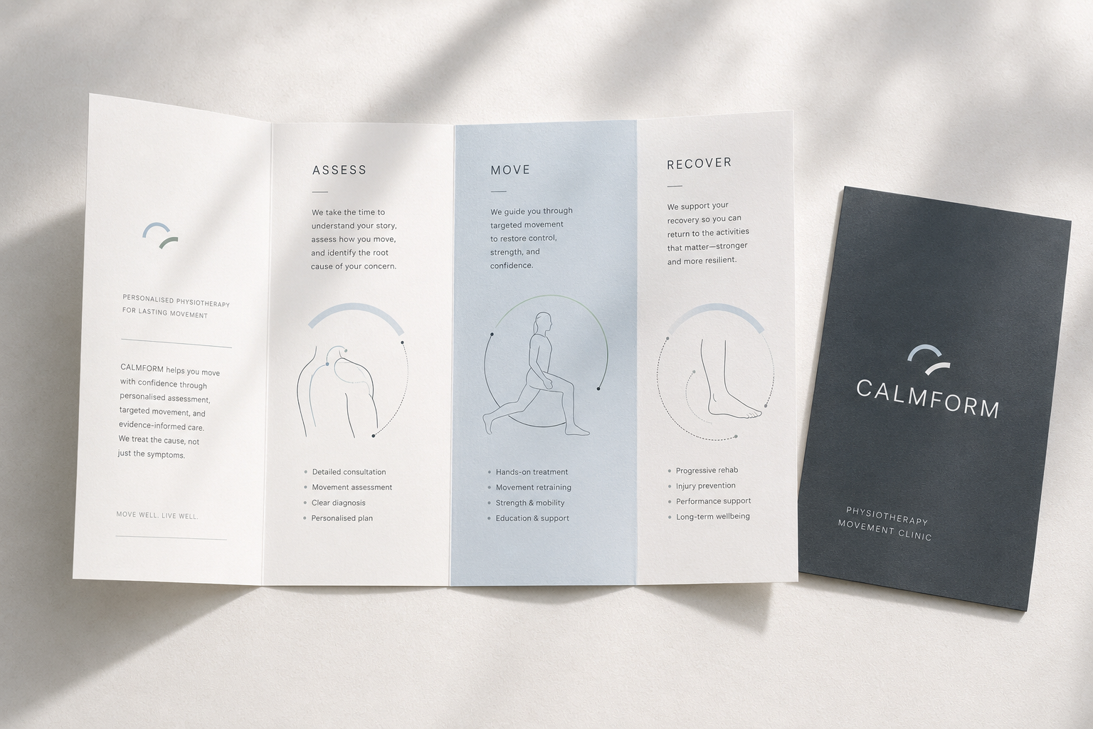 Calmform physiotherapy tri-fold brochure detailing assess, move, and recover steps with minimalist icons.