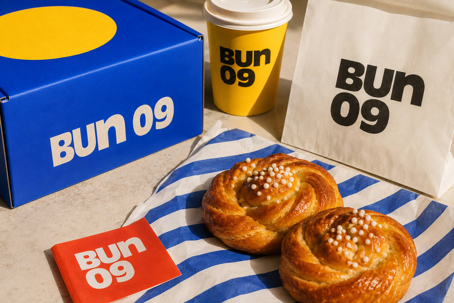 Two round cinnamon buns with sugar pearls on striped blue-and-white paper with Bun 09 packaging.