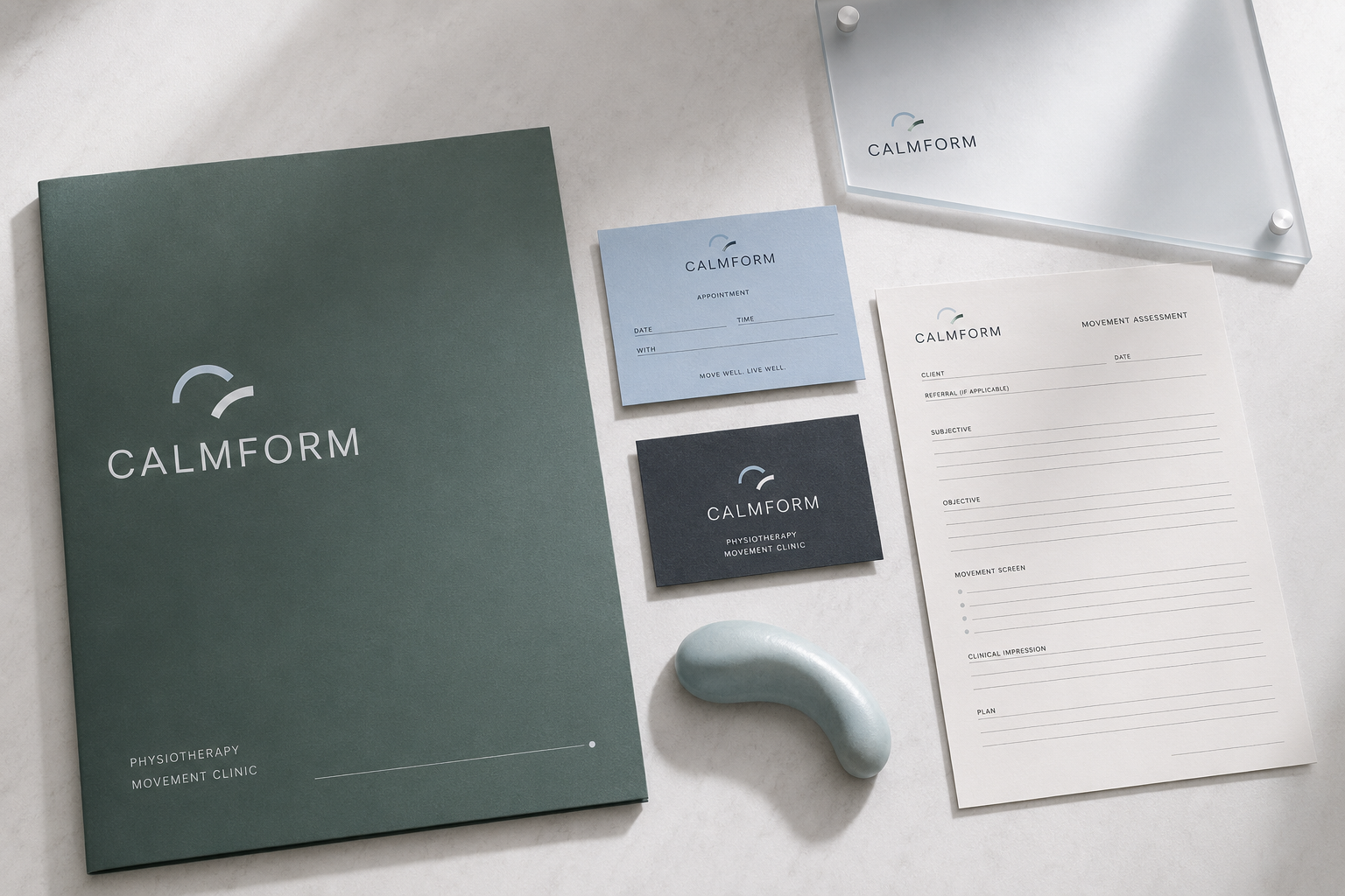 Calmform physiotherapy clinic branding with folder, appointment card, business card, and movement assessment sheet.