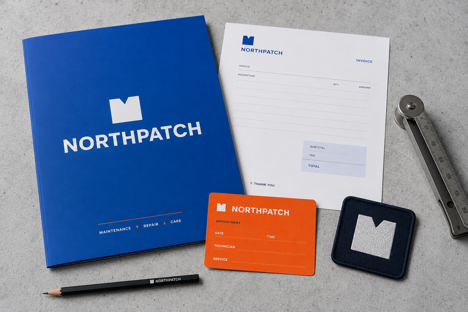 Northpatch stationery set with blue folder, invoice, orange appointment card, logo patch, and pencil.