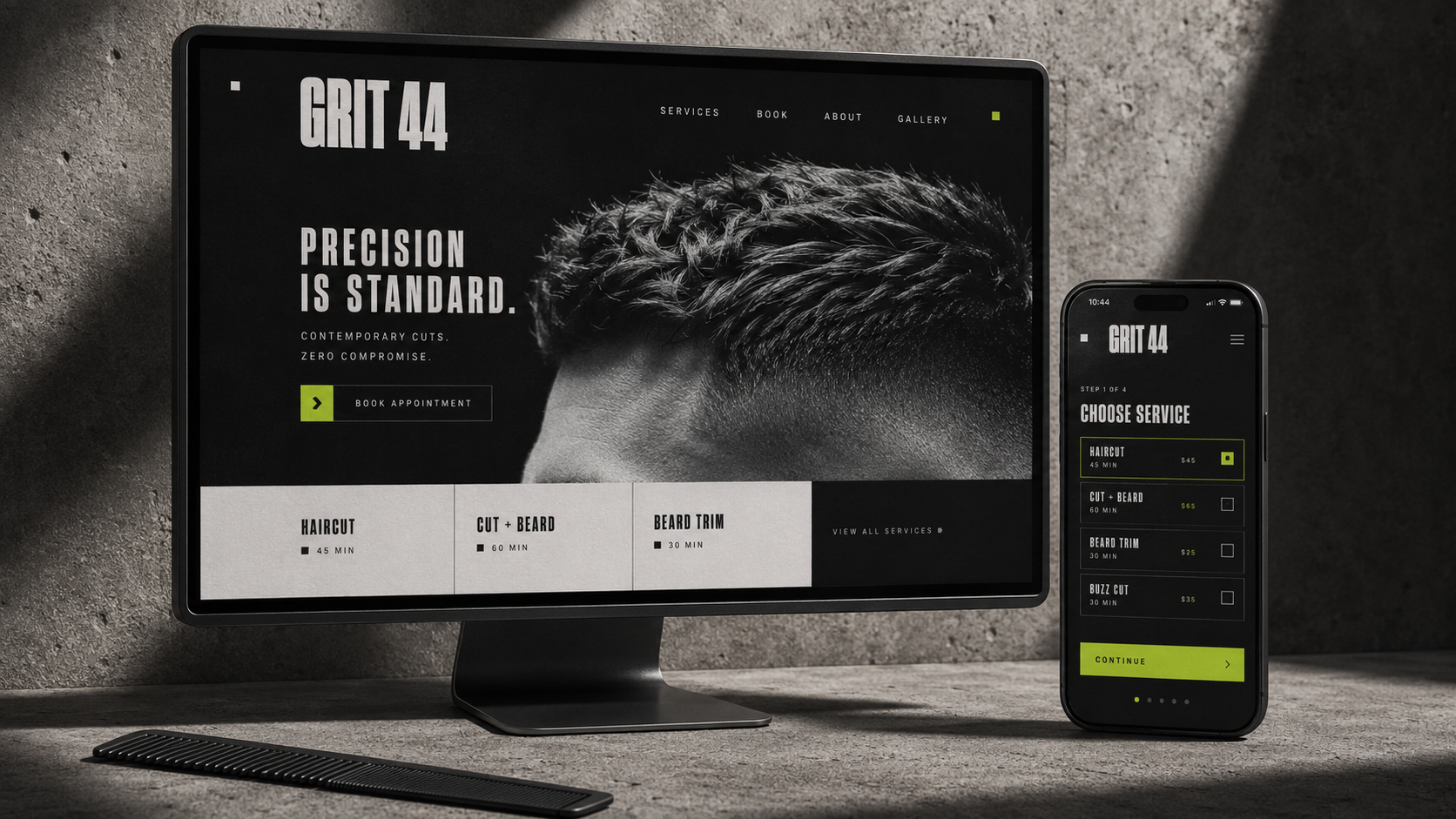 Desktop and phone showing GRIT 44 barber service website with haircut and beard trim options.