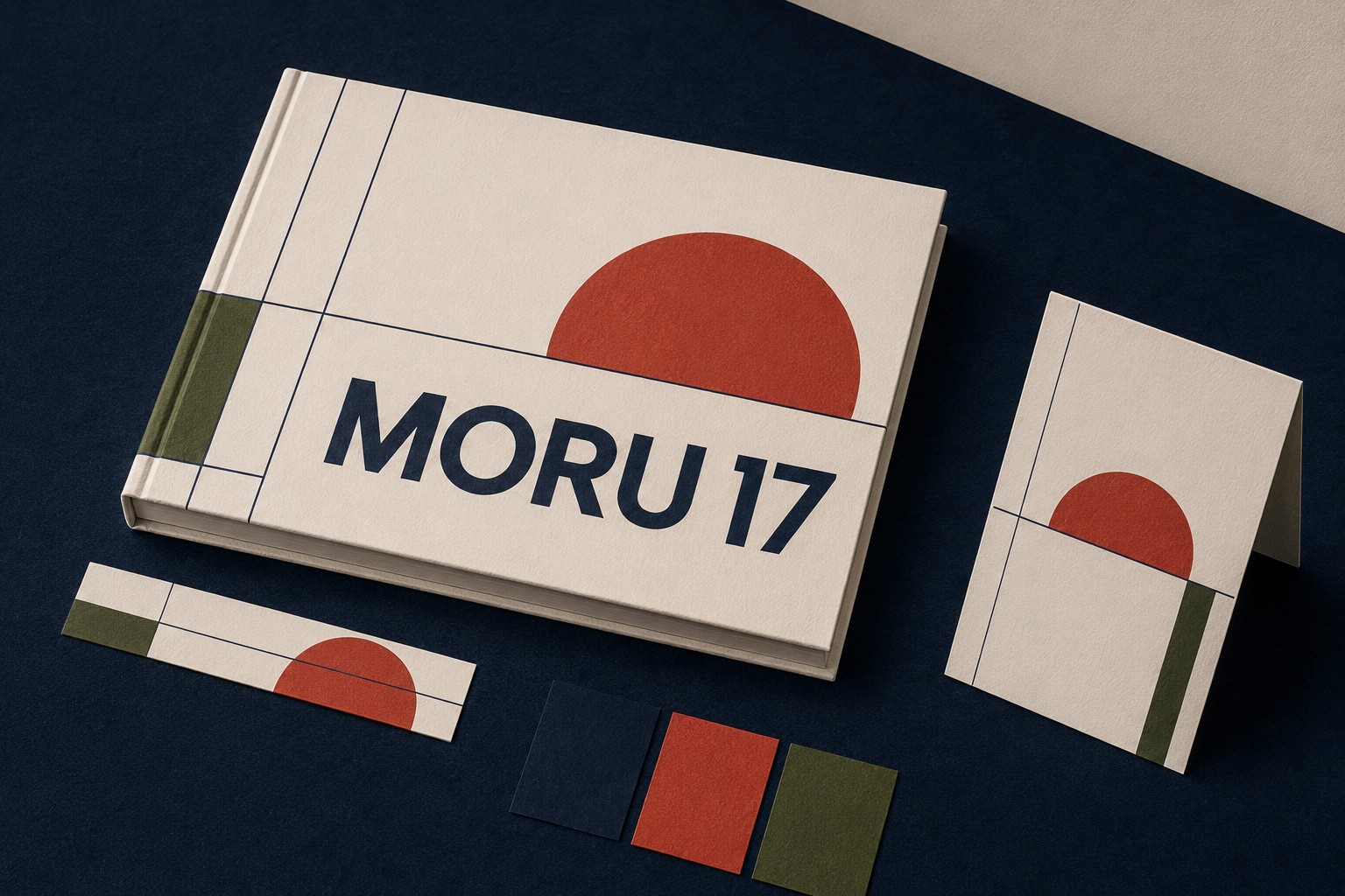 Book, card, and paper strips with red circle, green block, and MORU 17 text on dark blue surface.