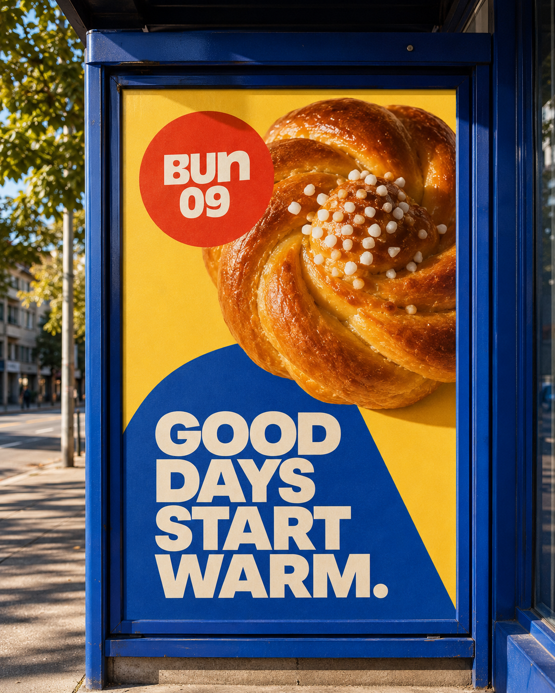 Ad poster showing a shiny bun with sugar pearls and text saying Good Days Start Warm.