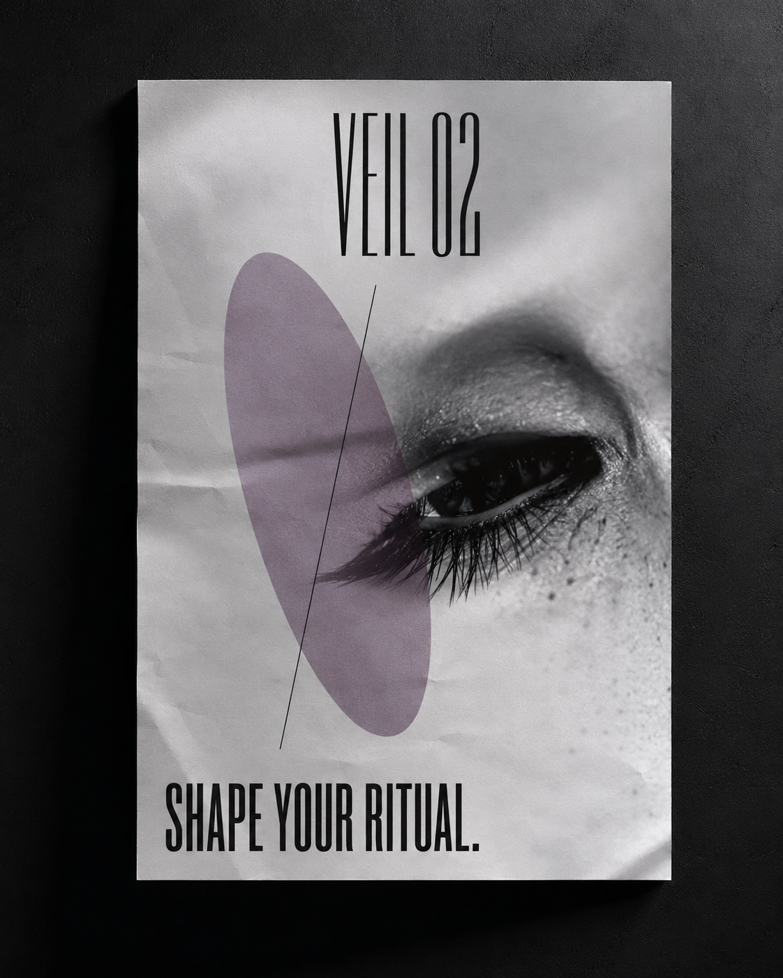 Black and white photo of a closed eye with freckles and long lashes, text says Veil 02 Shape Your Ritual.