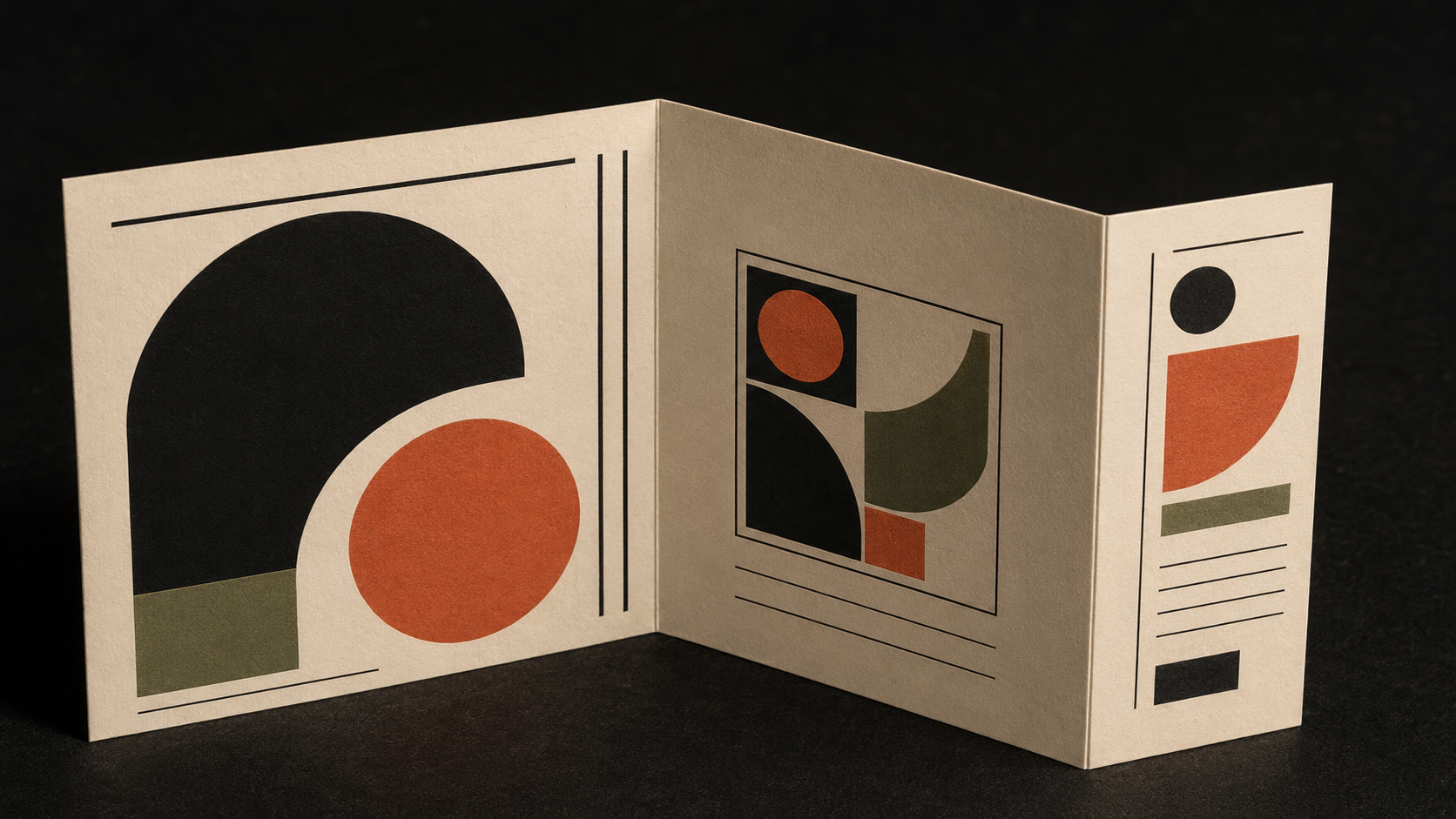 Tri-fold brochure with abstract geometric shapes in black, orange, and olive green on beige paper.