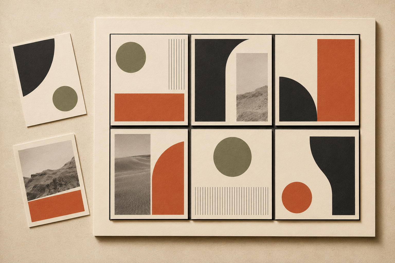 Abstract geometric art pieces with circles, rectangles, and landscape photos in earthy tones.