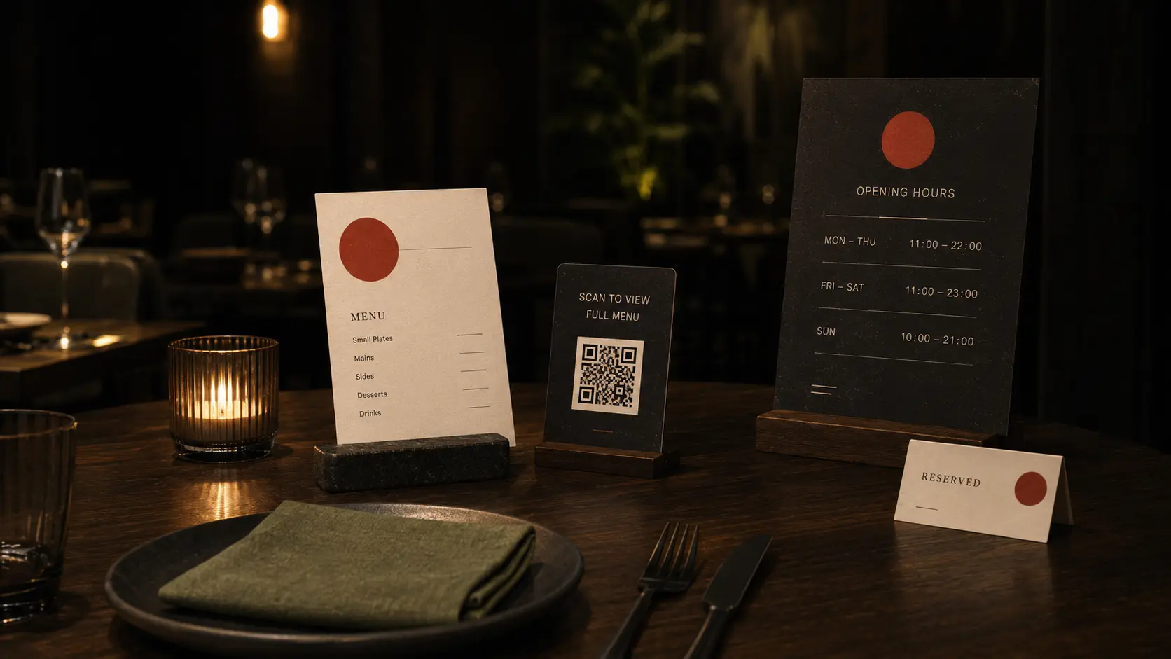 Venue menu, QR access point, reservation card and opening-hours signage.