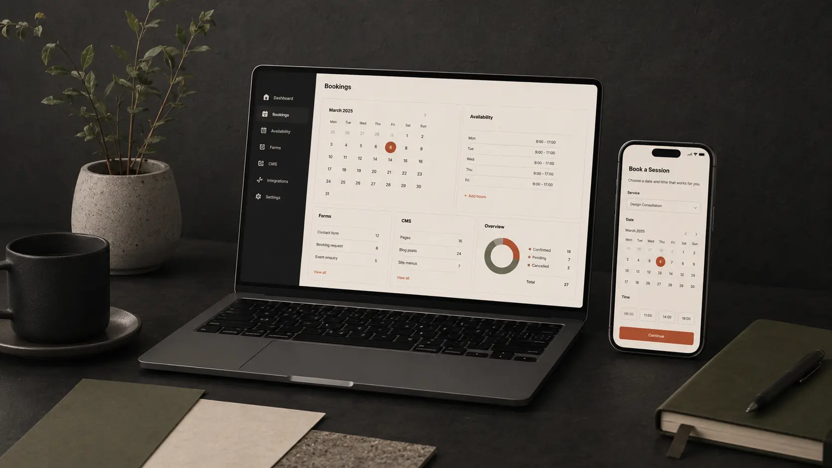 Custom booking, CMS and forms system across laptop and mobile.