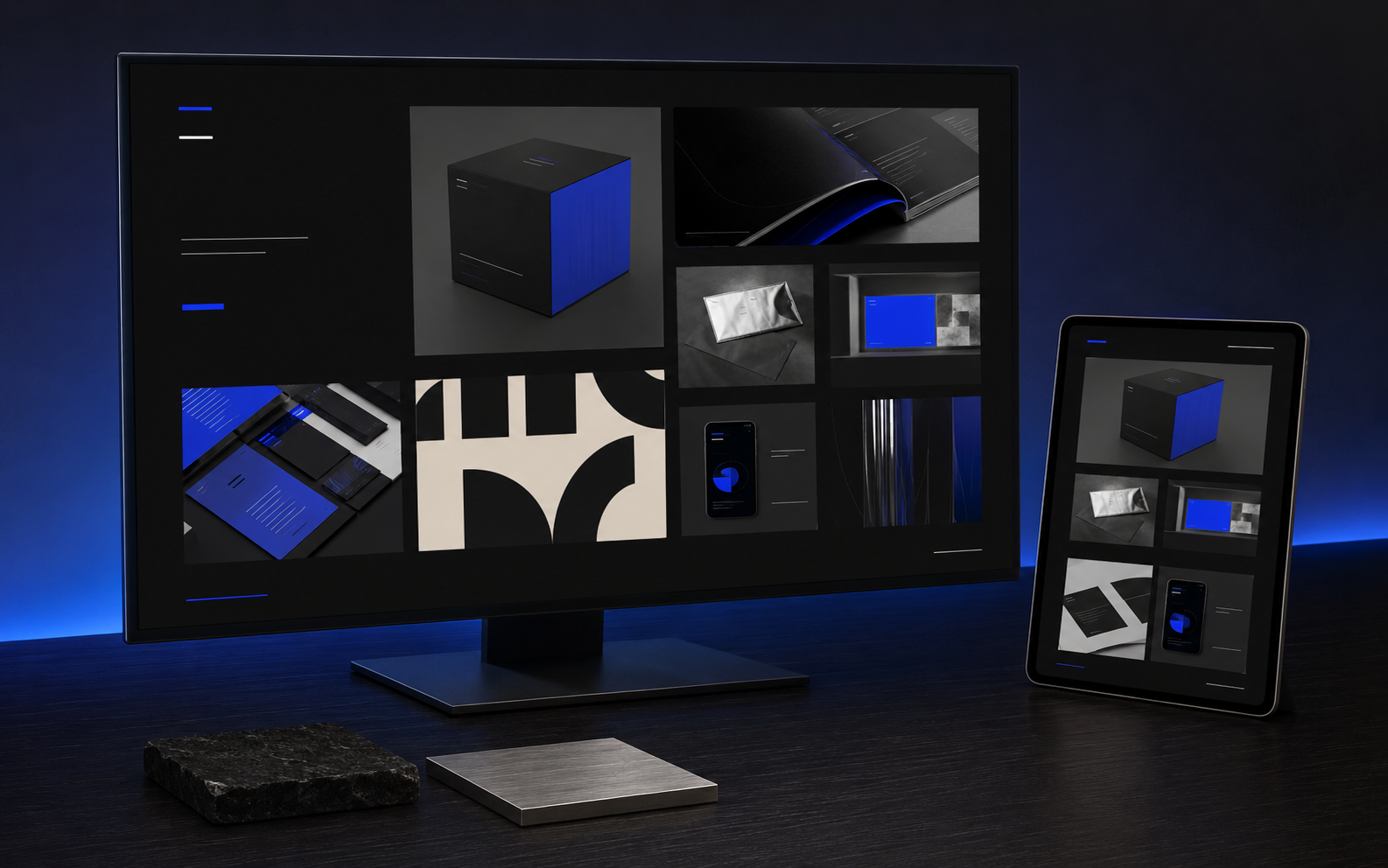 Monitor and tablet display dark user interface with blue and white graphic design elements and layouts.