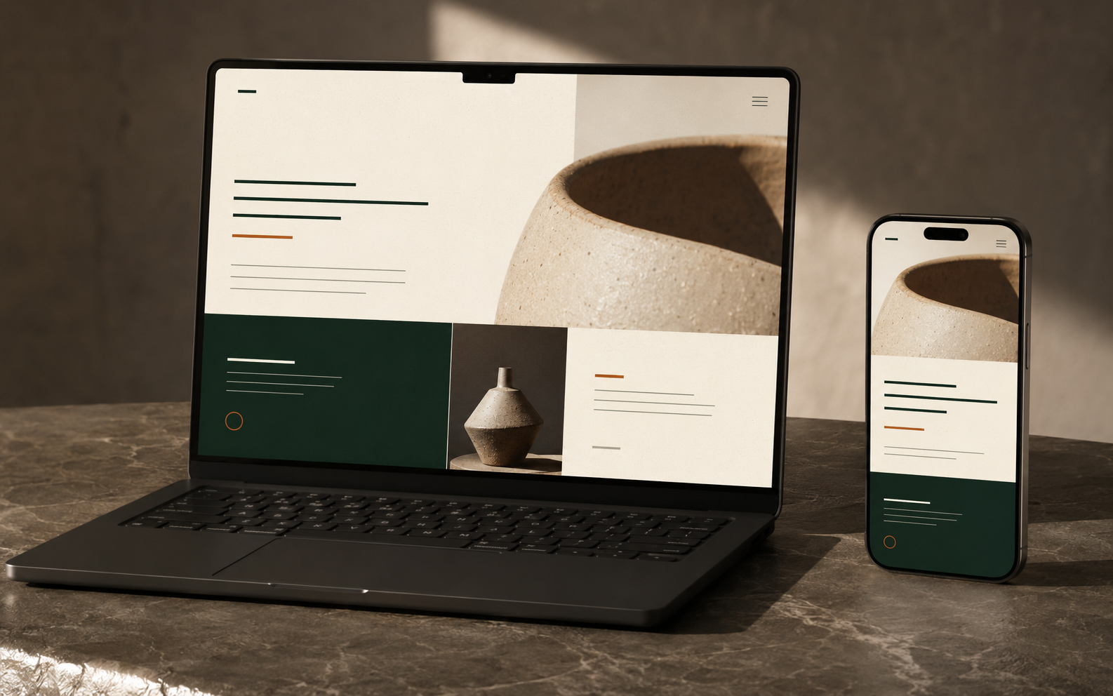 Laptop and smartphone side by side showing a website with pottery images and text blocks on a marble surface.