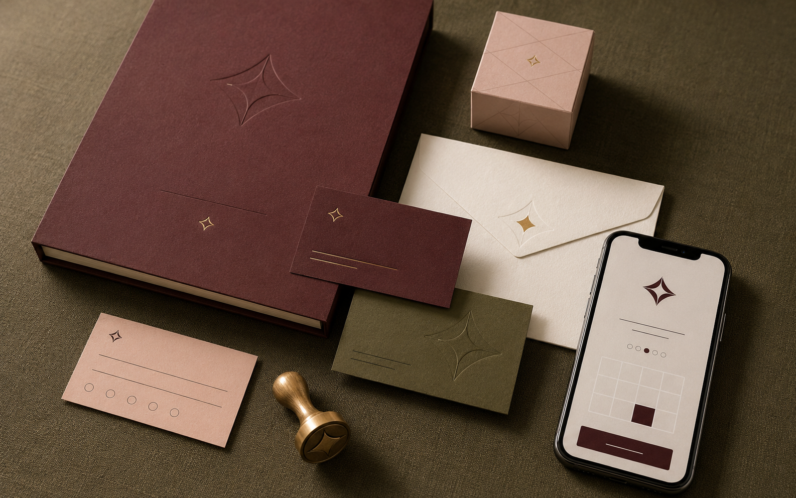 Burgundy and olive brand system across stationery, packaging, embossed cards and a mobile interface.