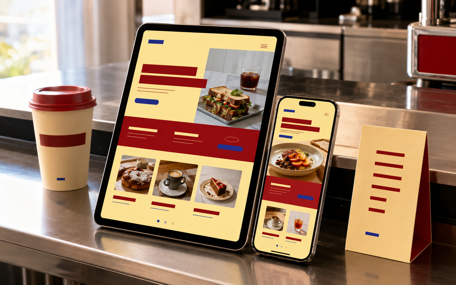 Tablet and smartphone display food menu app with sandwiches, drinks, and desserts; coffee cup and menu card nearby.