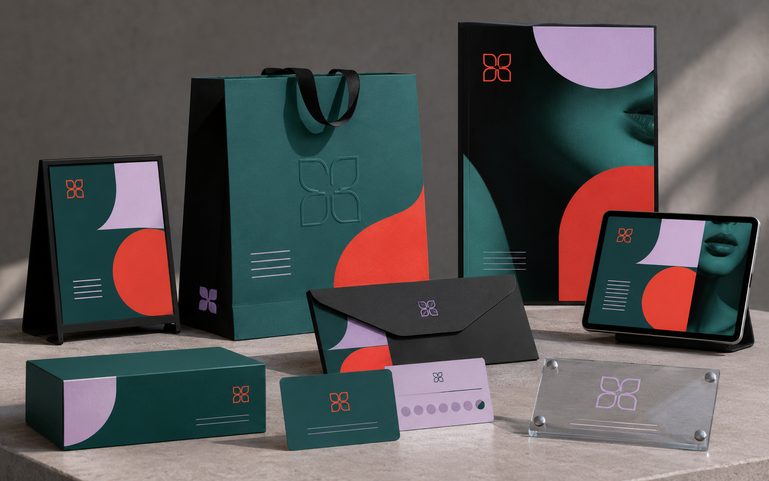 Teal, coral and lilac customer materials across bags, packaging, posters, cards and a digital display.