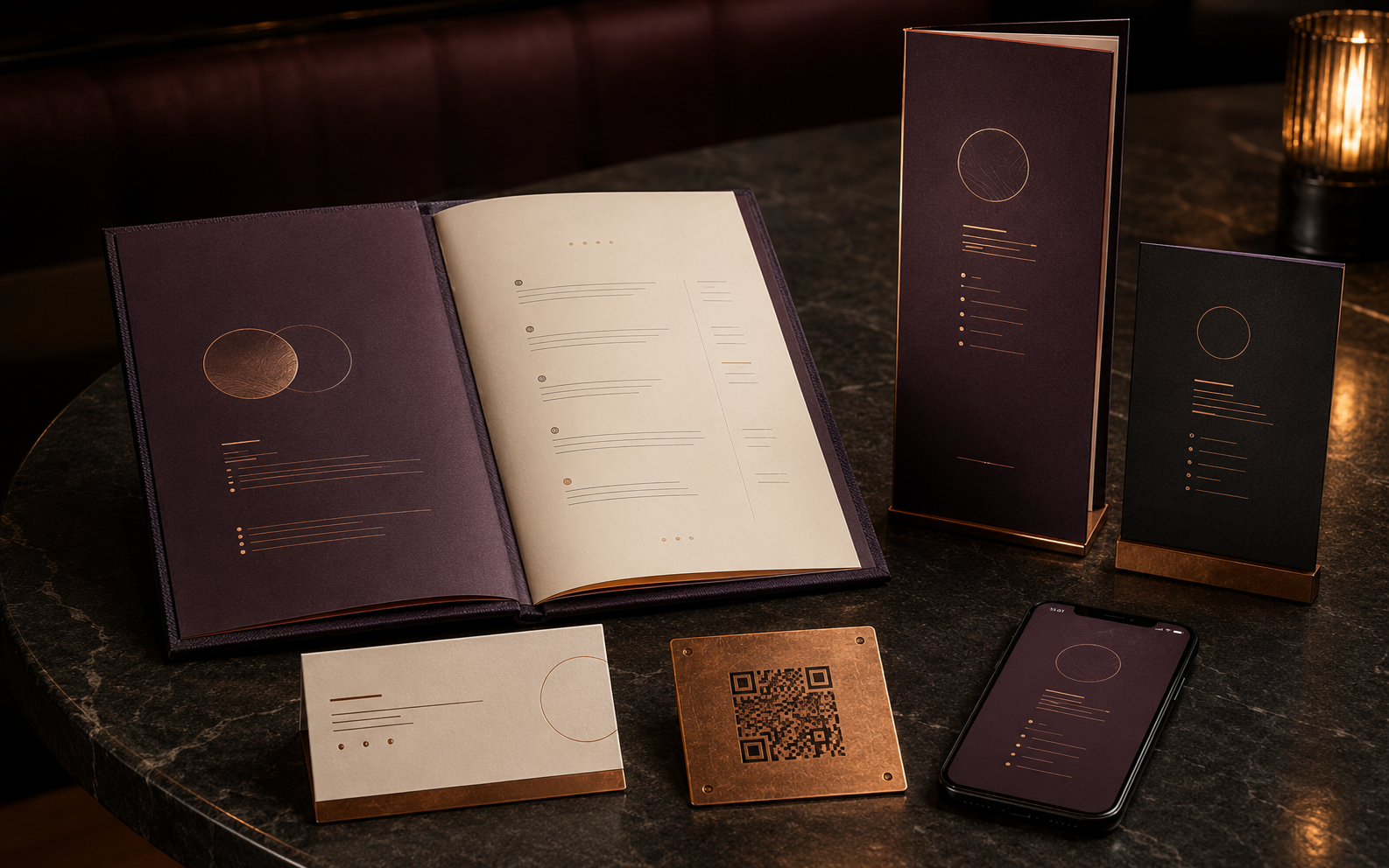 Dark burgundy restaurant menu system with printed menus, QR card, business card and mobile menu.