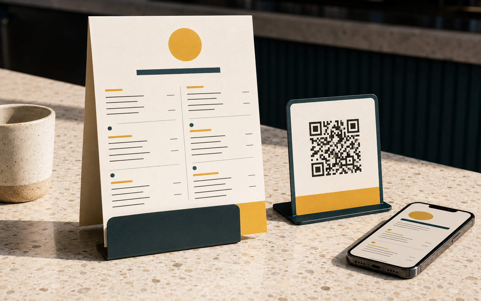 Table with a menu card, a QR code stand, a smartphone displaying a menu, and a ceramic cup.