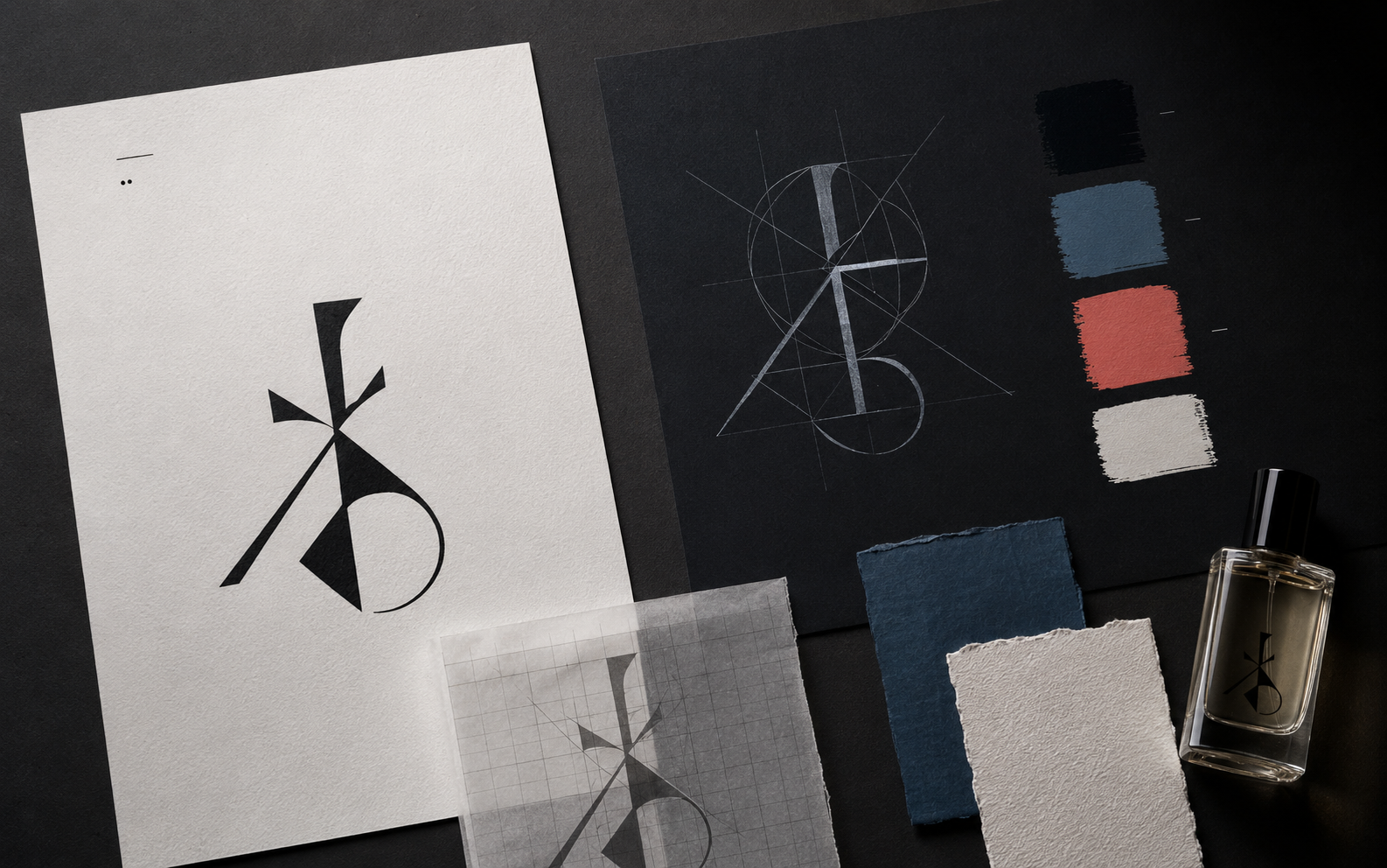 Black-and-white visual identity moodboard with logo sketches, colour swatches, paper samples and perfume packaging.