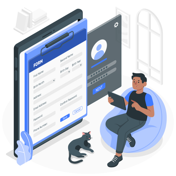 Man filling out form on his tablet while at home