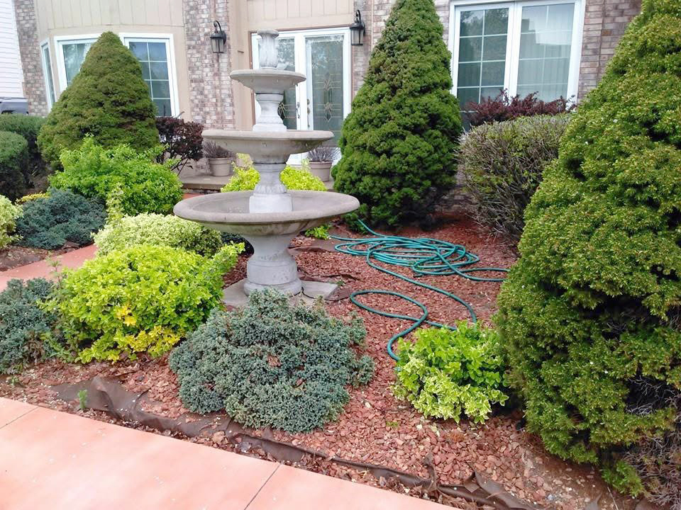 heritage landscape Professional landscaping service showcasing comprehensive shrub trimming, garden bed maintenance, and site cleanup alongside a walkway.