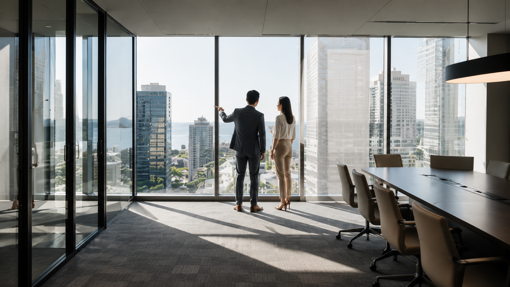 Photograph of two people standing looking out the window
