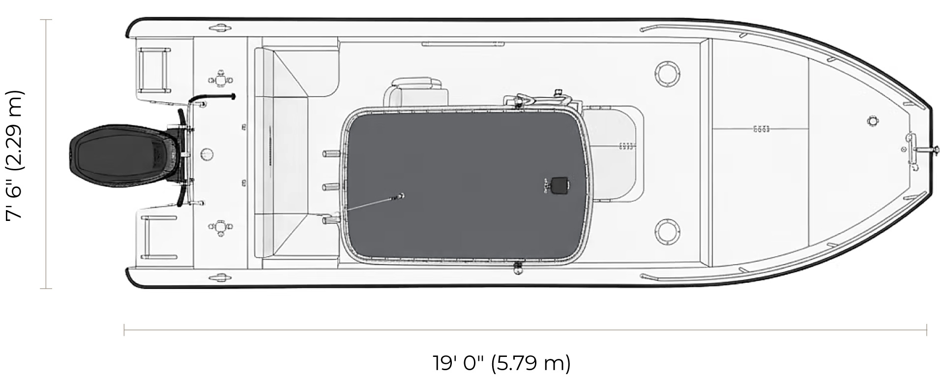 Top view line drawing of a 19-foot boat with 7-foot 6-inch width, showing motor, central console with cover, seating, and storage compartments.