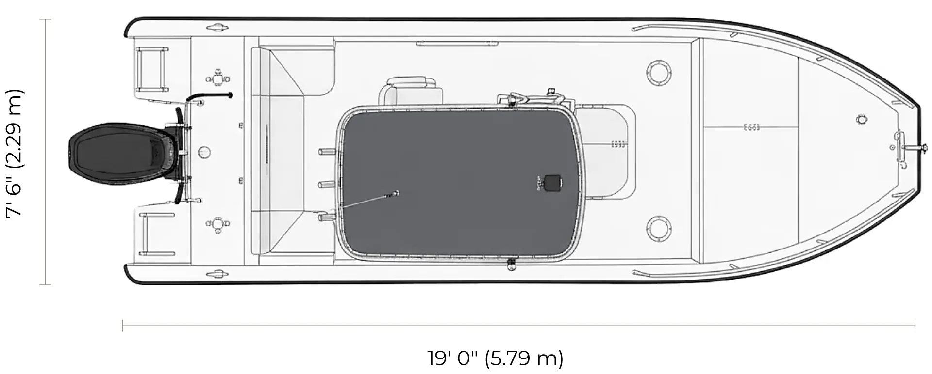 Top view line drawing of a 19-foot boat with 7-foot 6-inch width, showing motor, central console with cover, seating, and storage compartments.
