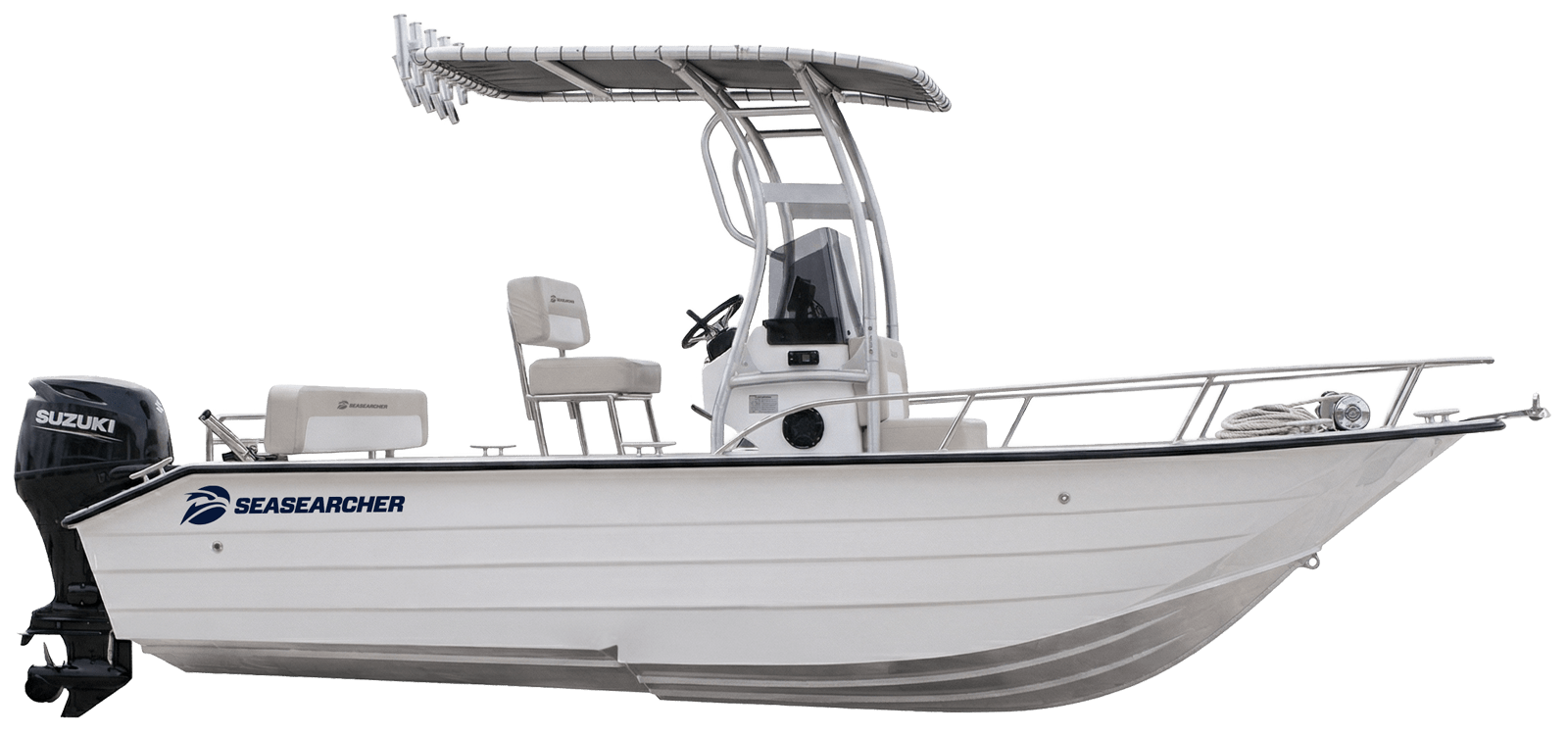 White SeaSearcher motorboat with Suzuki outboard engine and overhead canopy.