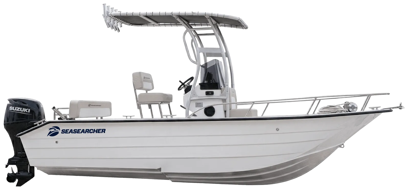 White SeaSearcher motorboat with Suzuki outboard engine and overhead canopy.
