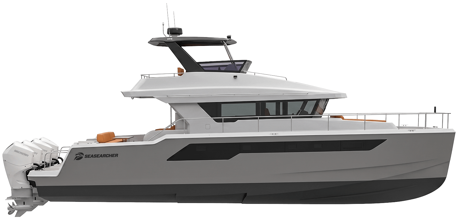 Side view of a modern SeaSearcher motor yacht with a flybridge and three outboard Mercury engines.