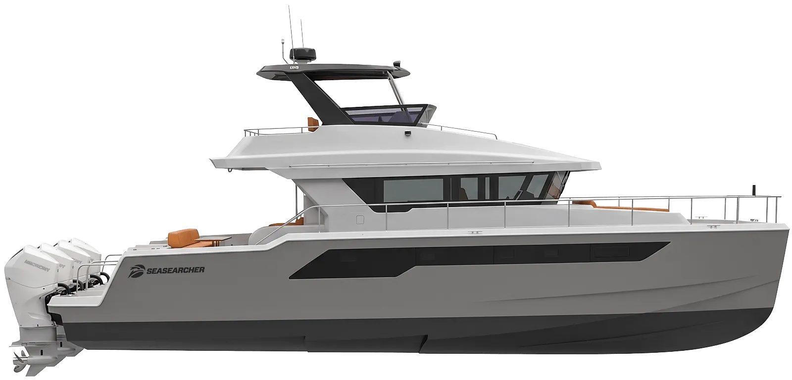 Side view of a modern SeaSearcher motor yacht with a flybridge and three outboard Mercury engines.