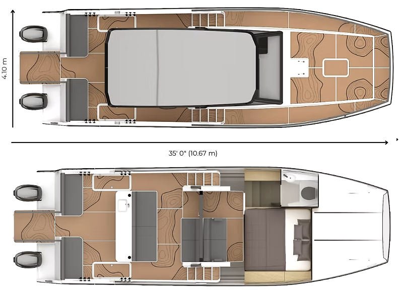 Top-down floor plans of a 10.67-meter boat showing an outdoor deck with twin engines, seating, and shaded cockpit on top, and a lower deck with kitchen, seating area, bedroom, and bathroom below.