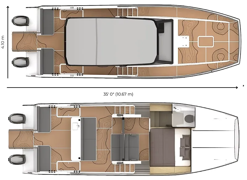 Top-down floor plans of a 10.67-meter boat showing an outdoor deck with twin engines, seating, and shaded cockpit on top, and a lower deck with kitchen, seating area, bedroom, and bathroom below.