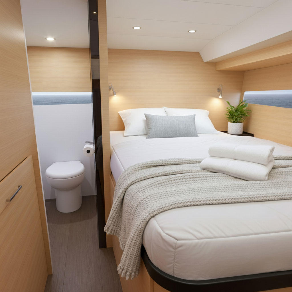 Cozy wooden cabin bedroom with a neatly made bed, folded white towels, a small plant, and an adjacent compact bathroom with a toilet.