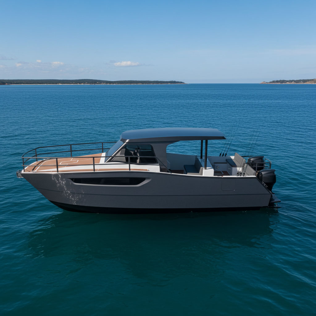 Modern gray motorboat with an open deck and fishing rods floating on calm blue sea near a distant coastline.